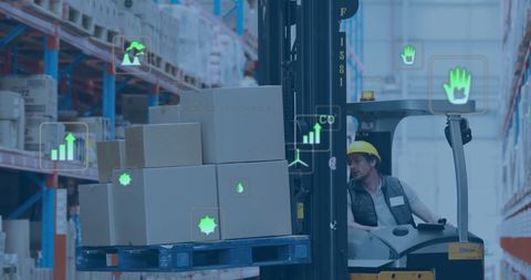Warehouse Worker Operating Forklift with Eco Technology Icons - Download Free Stock Images Pikwizard.com