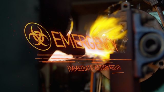 Shows an animated 'emergency' alert text overlaid on an video of fire and mechanical parts. Suitable for illustrating emergency situations, crisis management, science and medical alerts, or high-stakes scenarios. Can be used in presentations, videos, and educational materials on public safety and emergency protocols.