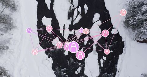 Connecting communities with network nodes overlaying frozen river aerial winter landscape