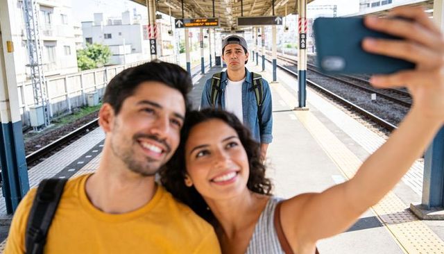 Smiling couple taking selfie at train platform with jealous commuter in background