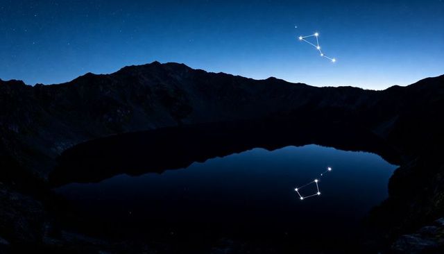 Reflecting alpine lake mirroring constellations above silhouetted mountain ridge at twilight