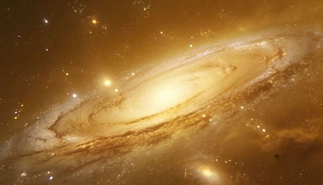 Golden spiral galaxy displaying glowing central bulge, dust lanes and starfield vista