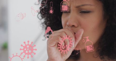 Coughing woman surrounded by covid-19 icons illustrating health concerns