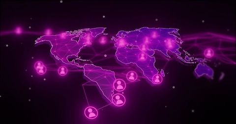 Neon magenta world map connecting avatar nodes for global network, data visualization