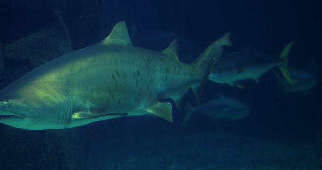 A large shark swims through the dark waters of an aquarium, its sleek form and sharp fins cutting through the blue. The image captures the majestic and somewhat ominous presence of this apex predator in its simulated natural habitat.
