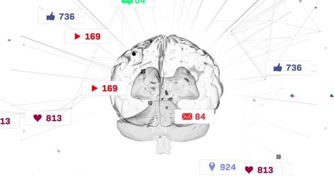 3d brain with notification icons illustrating connectivity and data analytics