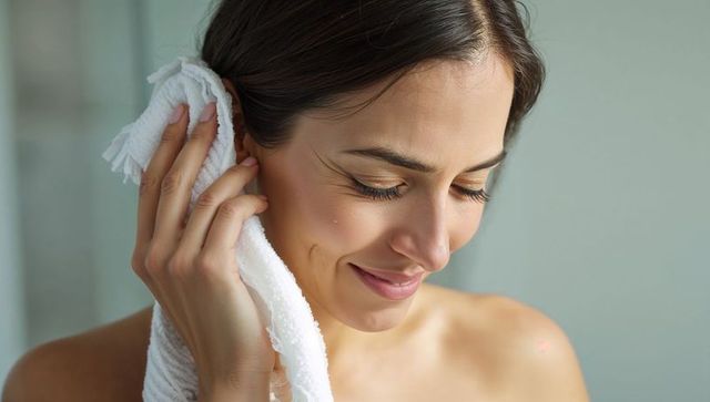 Pressing towel to cheek after facial routine, bare-shouldered woman smiling in calm moment