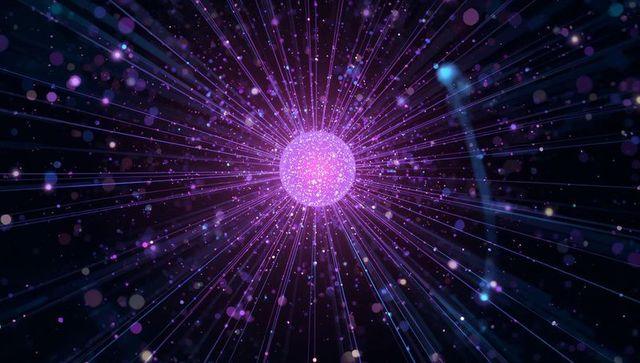 Radiant purple-pink orb emitting neon rays and floating particles in deep cosmic void