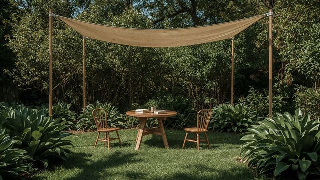 Rustic Garden Canopy Scene with Wooden Furniture in Outdoor Setting