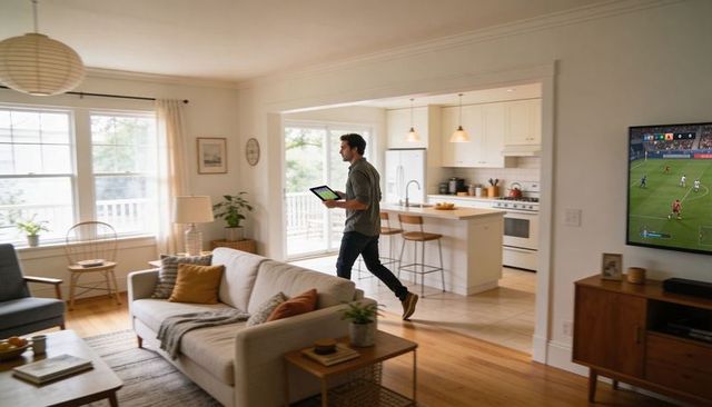 Man walking through bright modern open-plan living room holding tablet smart home lifestyle