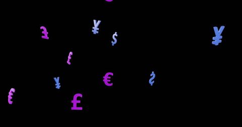 Floating currency symbols on black background