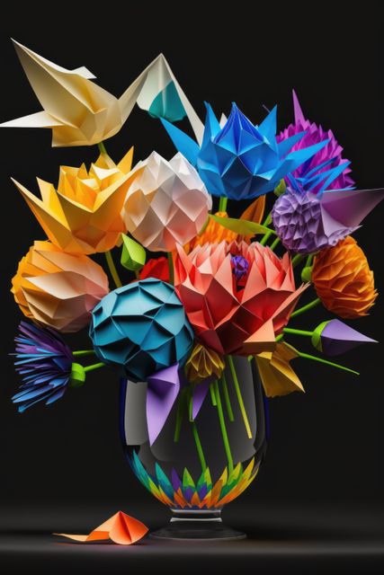 Image of colourful origami paper flowers on black background, created using generative ai technology. Origami, art, nature and flowers, digitally generated image.