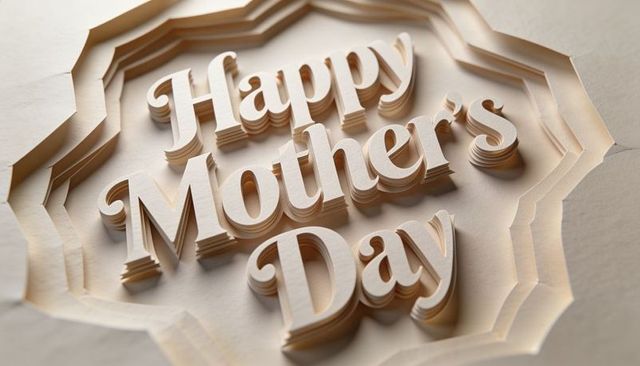 Layered cut-paper happy mother's day typography featuring soft neutral tones