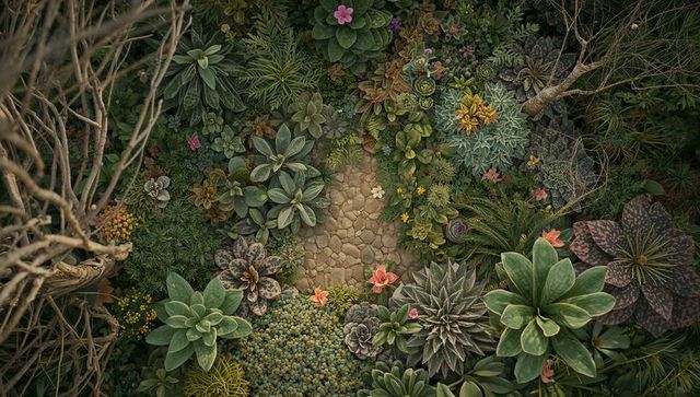 Aerial view of layered succulent rock garden framing central stone path with pink blooms