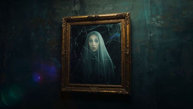 Mystical fractured portrait of veiled woman on antique frame