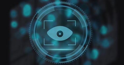 Scanning Biometric Eye Interface with Rotating HUD Rings and Neon Cyberpunk Particles