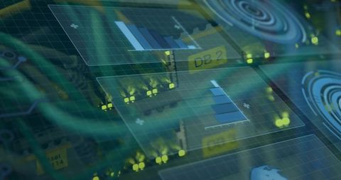 Overlaying holographic telemetry on server rack with PCB ports, green cables and glowing LEDs