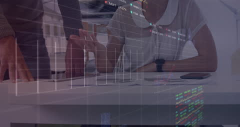 Business Team Analyzing Financial Data with Digital Tech Overlay