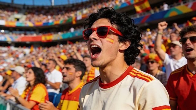Passionate hispanic fan cheering in red sunglasses and spanish face paint at outdoor arena