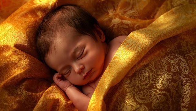 Peaceful infant sleeping in golden brocade blanket