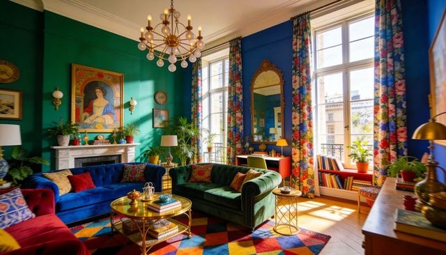 Sunlit eclectic living room featuring emerald velvet sofa, brass table, floral curtains