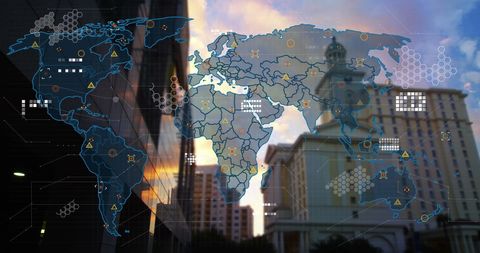 Global digital interface overlaying urban cityscape