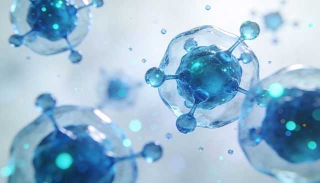 Blue nanoparticle clusters with translucent membranes and protrusions, biomedical concept