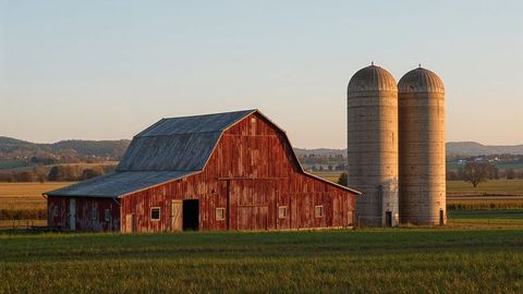 Rustic Red Barn and Silos in Serene Farm Landscape