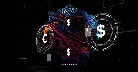 Pulsing neon neural network with HUD currency symbols fintech data visualization dashboard