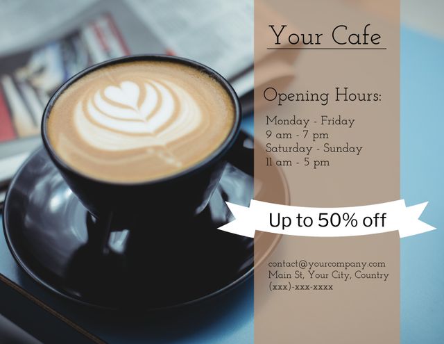 Image features a café flyer showcasing latte art in a black cup placed on a blue table. It provides business hours, discount information of up to 50% off, and contact details. Ideal for use in social media posts, in-store promotions, menu signage, or for customer communication to attract café traffic.