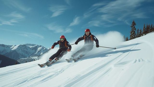 Dynamic duo cruising down alpine slopes in red helmets