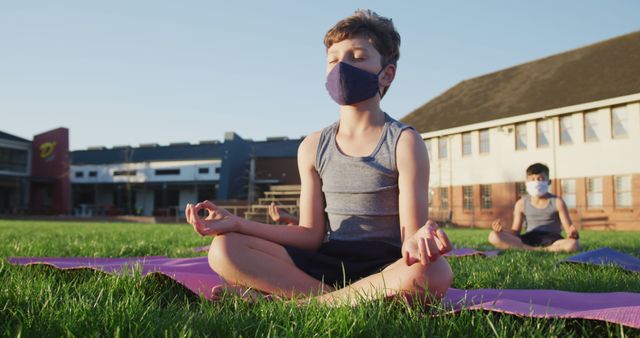 Children Meditating Outdoors Wearing Masks in School Playground - Download Free Stock Images Pikwizard.com