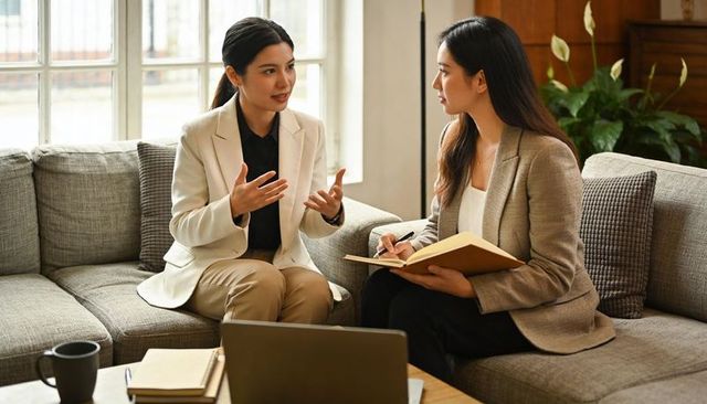 Two professional women discussing strategy on couch while taking notes in modern workspace