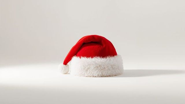 Minimal red Santa hat with fluffy white trim and pompom on clean high-key background