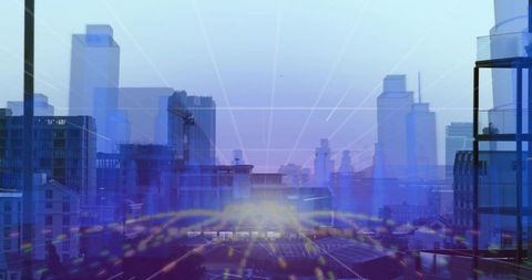 Glowing Neon City Skyline with Grid Overlay and Light Trails from Rooftop Metropolis