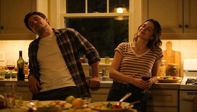 Cozy evening couple leaning on kitchen counter sharing wine and relaxed conversation