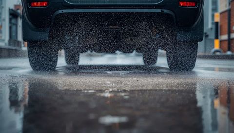Car rear tires throwing water on wet urban road with dramatic puddle reflection