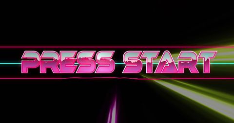 Neon press start text with dynamic light trails