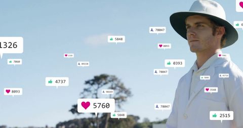 Cricket Umpire with Social Media Engagement Icons Overlay
