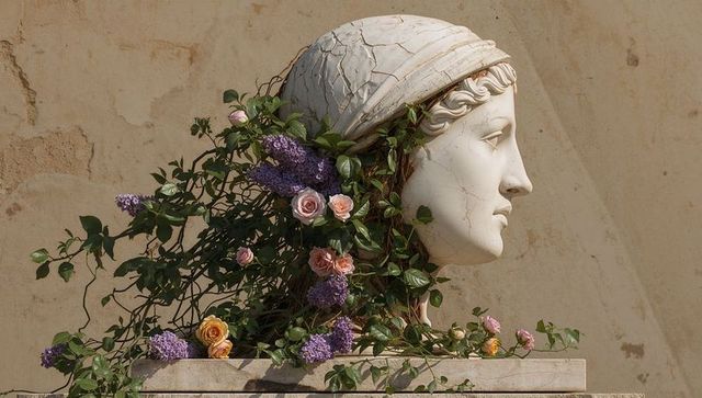 Marble bust with blooms in garden courtyard