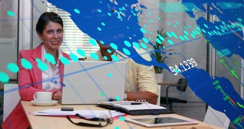 Collaborating team using augmented reality analytics overlay during modern office meeting
