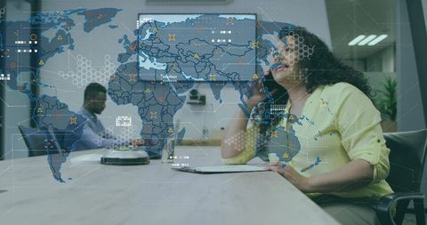Businesswoman Calling on Mobile During Conference with Global Data Visualization Overlay