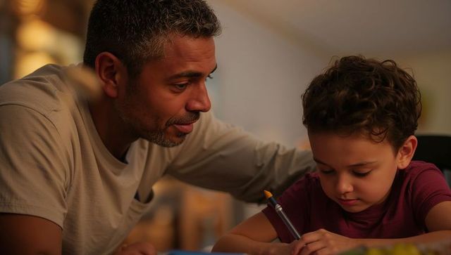 Father guiding son doing homework at home table warm intimate learning moment