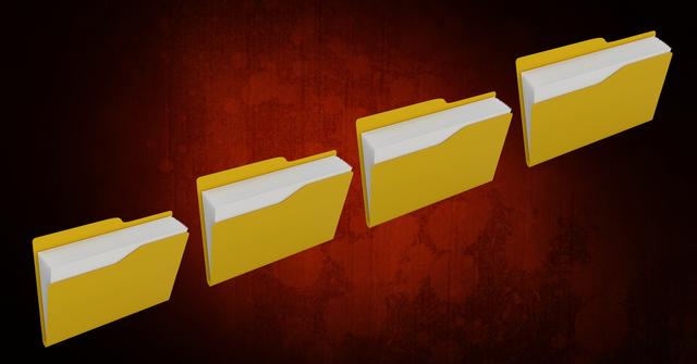 Digital illustration of yellow folder icons arranged in sequence against a dark red background. Great for use in presentations involving file management, data organization, computer systems, and software applications. Suitable for marketing materials, website graphics, and user interface designs to depict organization and file storage themes.