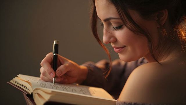 Young woman writing in notebook under warm lamp light, intimate cozy journaling moment