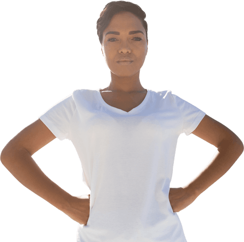 Confident Woman Standing in White T-Shirt on Transparent Background