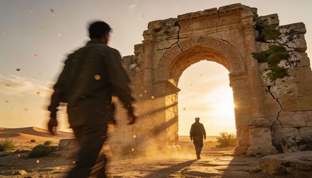 Sunset explorers walking through ancient stone arch at desert ruins, dust and backpacks