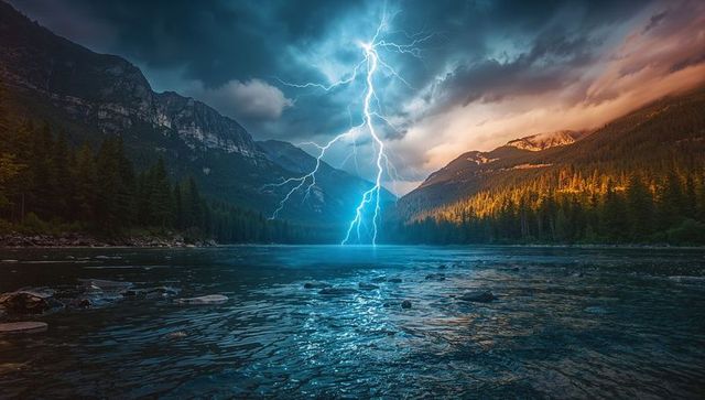Dramatic Lightning Bolt Striking Mountain Lake at Sunset