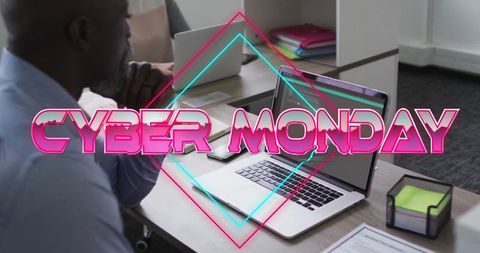 African American Businessman Laptop SAle Cyber Monday Conceptual