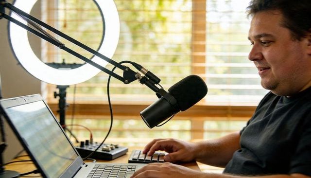 Recording podcast at home office with professional microphone ring light and laptop